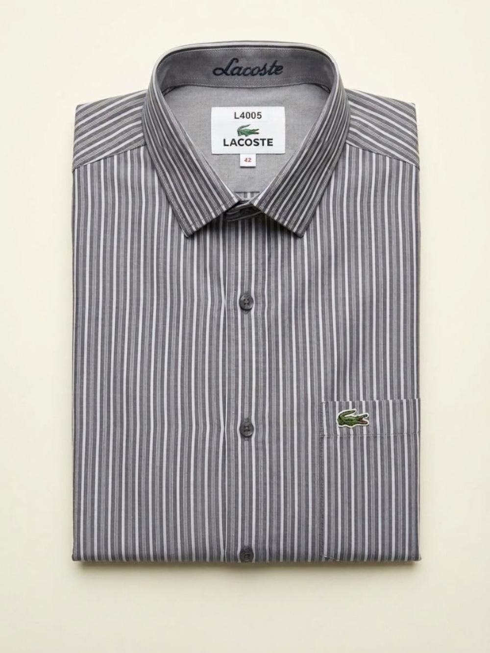 LACOSTE Men's Striped Button Down Shirt Grey White Size 42 (US L) 100% Cotton